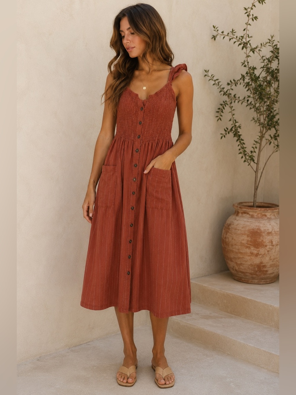Lulus Rust Smocked Button Front Midi Dress | Size Large